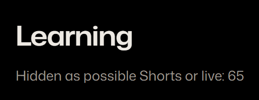The Learning category heading with the line “Hidden as possible Shorts or live: 65”.